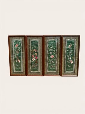 4PC Vintage Chinese Embroidered Silk Wall Hanging with Birds Butterflies Flowers